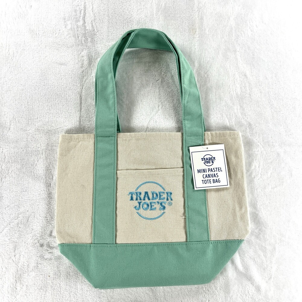 Trader Joes Spring Mini Pastel Canvas Tote Bag Green Blue Logo NWT